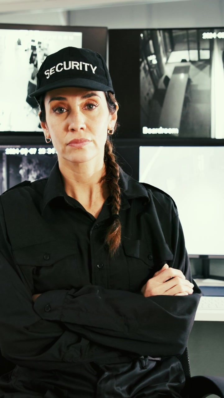 Guardia di sicurezza donna che monitora schermi di sorveglianza in una sala di controllo