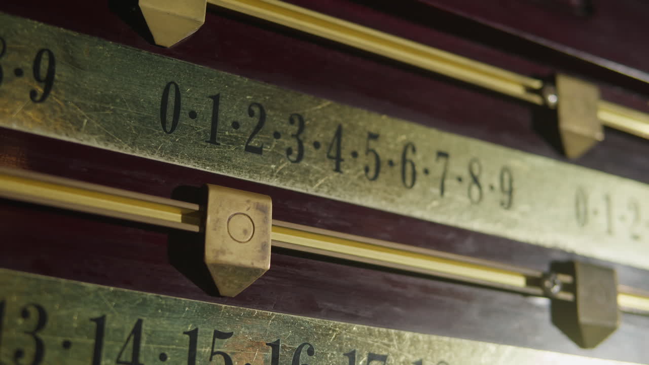 Old scoreboard with a score in billiards. Playing american russian billiard game. High quality 4k footage