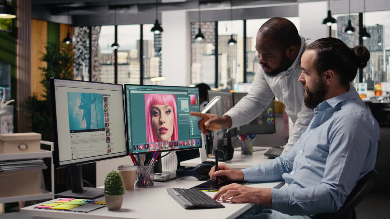 Diverse team of photo editing and color grading on retouching software