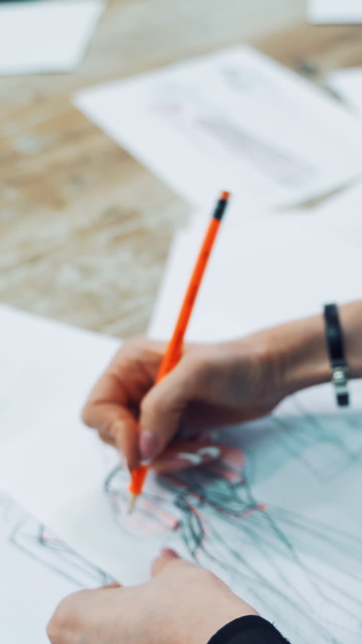 Process of drawing sketches of a model dress on papers by a female tailor. Professional designer draws illustrations for future dresses with a pencil on the table in atelier. Vertical video