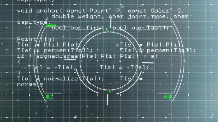 Animation of scope scanning and data processing over stock market on black background