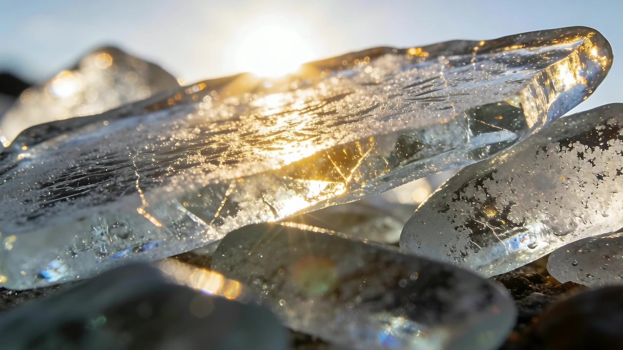 Catching low sun glints crystalline shards revealing internal cracks on rocky shore, frost droplets