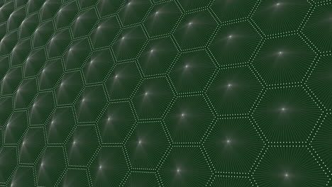 digital neon hexagons pattern in rows with neon dots on dark gradient