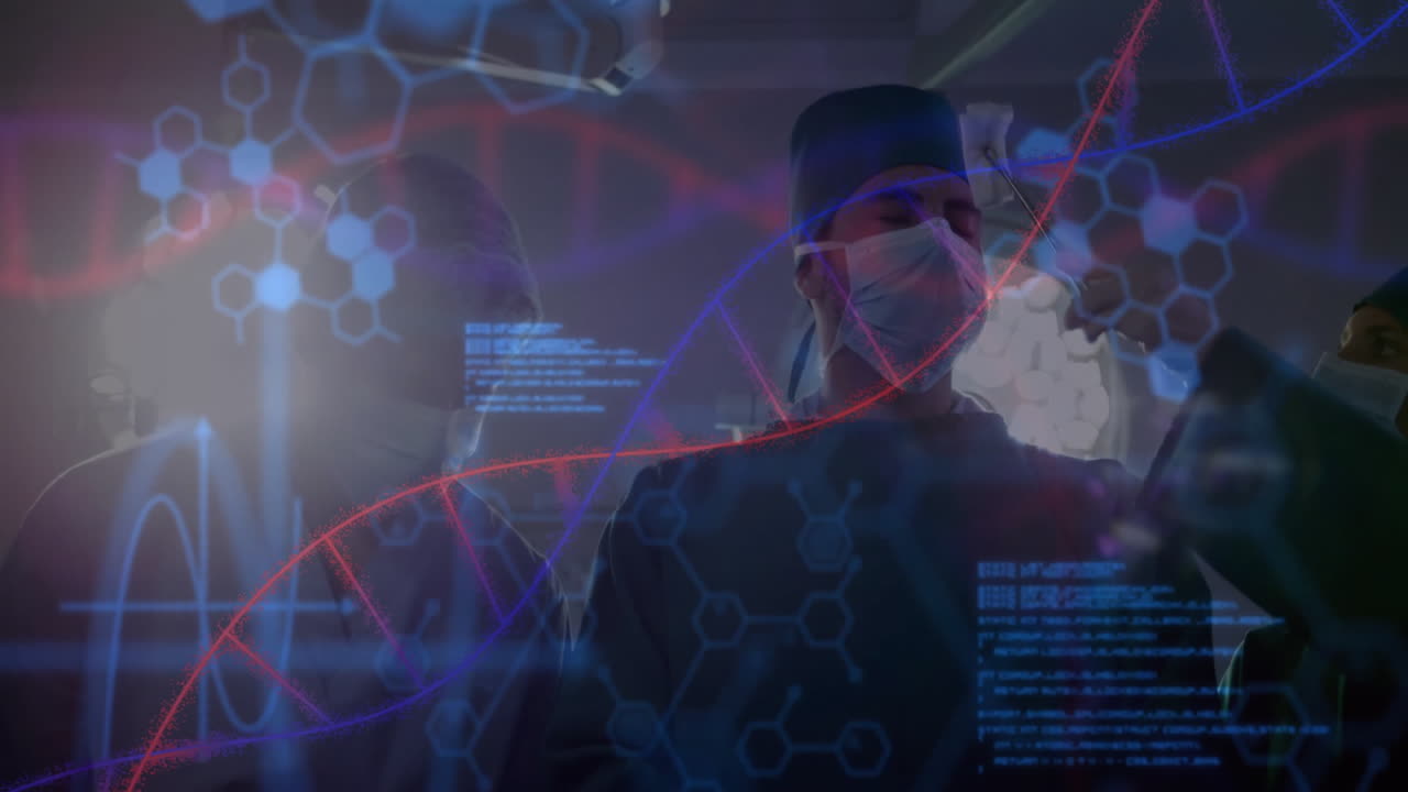Surgeons manipulating holographic medical data interface in operating room with DNA helix visuals