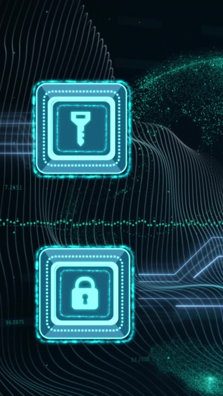 Animation of security padlock and key icons ver spinning globe and microprocessor connections