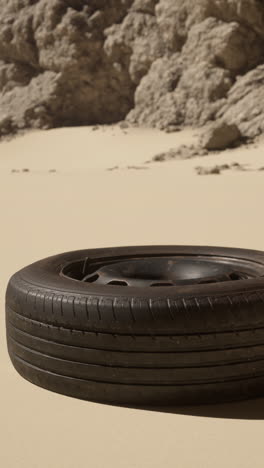 a single tire lying on a sandy beach