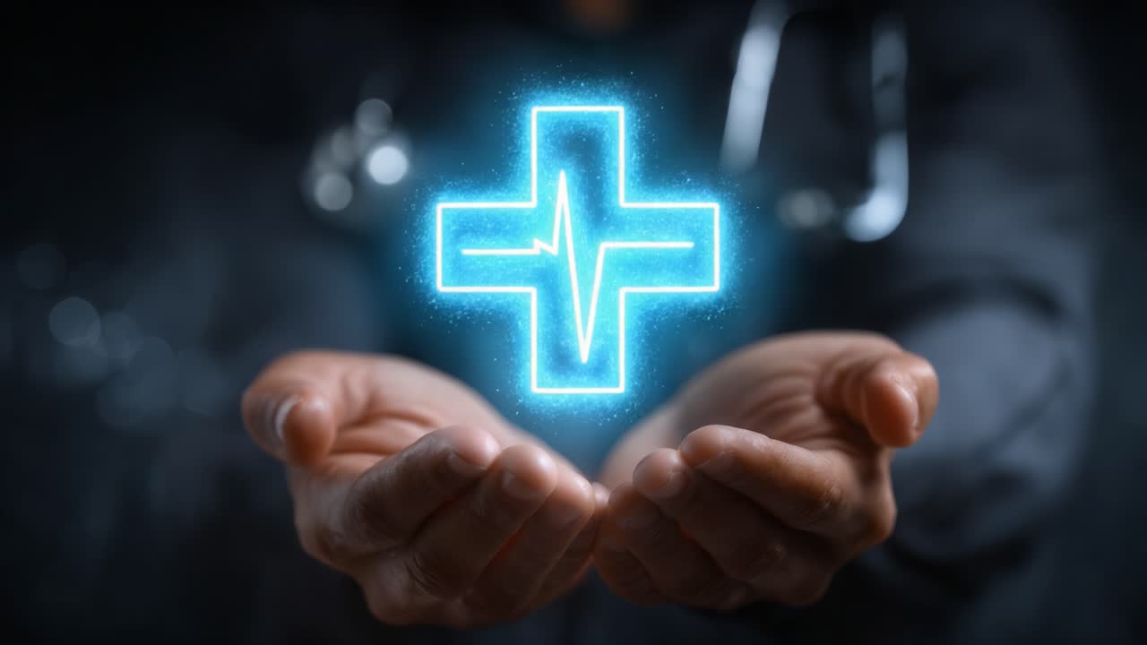 A Caring Hand: Emphasizing Health and Well-being with a Glowing Medical Cross Symbol, Representing Hope and Healing in Modern Medicine