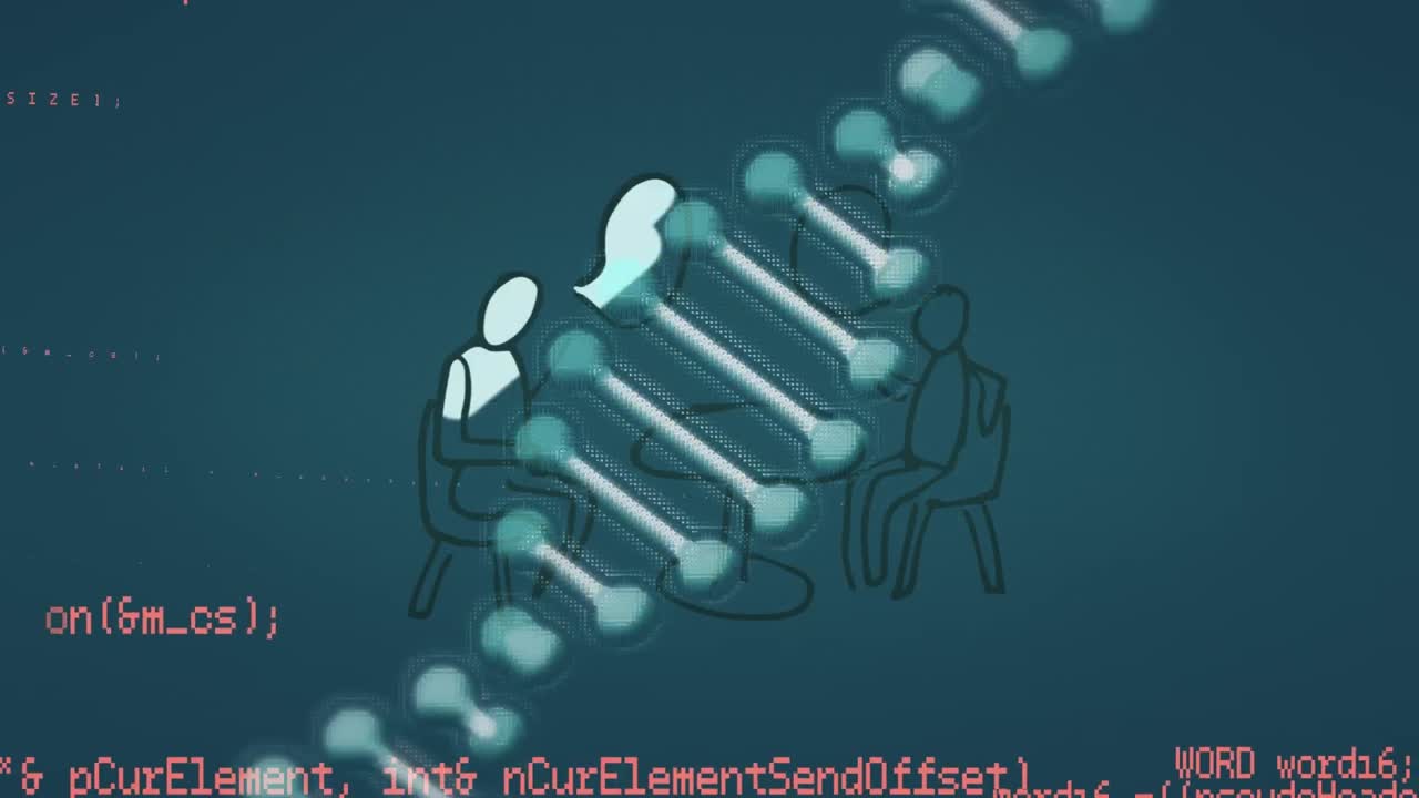 Dna structure and data processing over two people having a conversation icon on blue background
