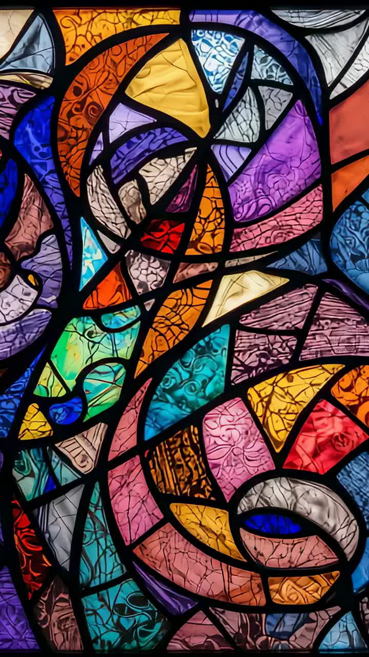 Vertical video: Starting operator panning across chapel stained glass panel, revealing etchings