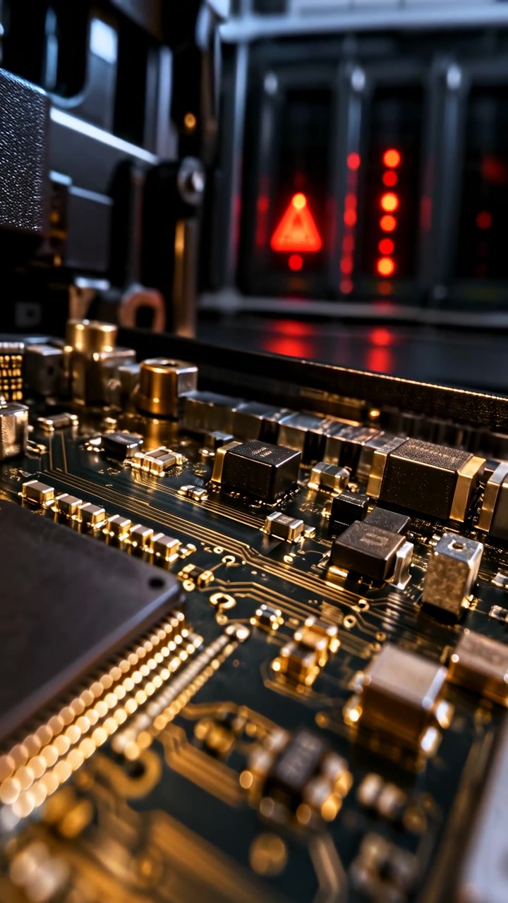 Detailed green circuit board with traces, chips, capacitors and metal connectors shifts across shallow focus as red triangular warning symbol and status lights glow behind it in equipment housing.