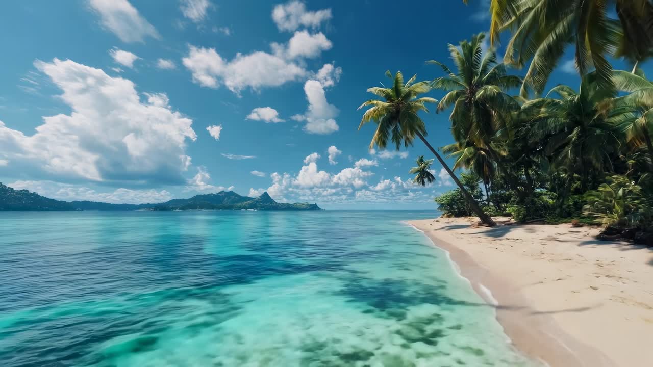 Luftaufnahme-Video eines tropischen Strandes mit klarem blauem Wasser und Palmen, das eine ruhige Atmosphäre einfängt.
