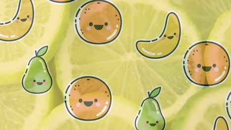 animation of illustration with fruit over freshly sliced lemons