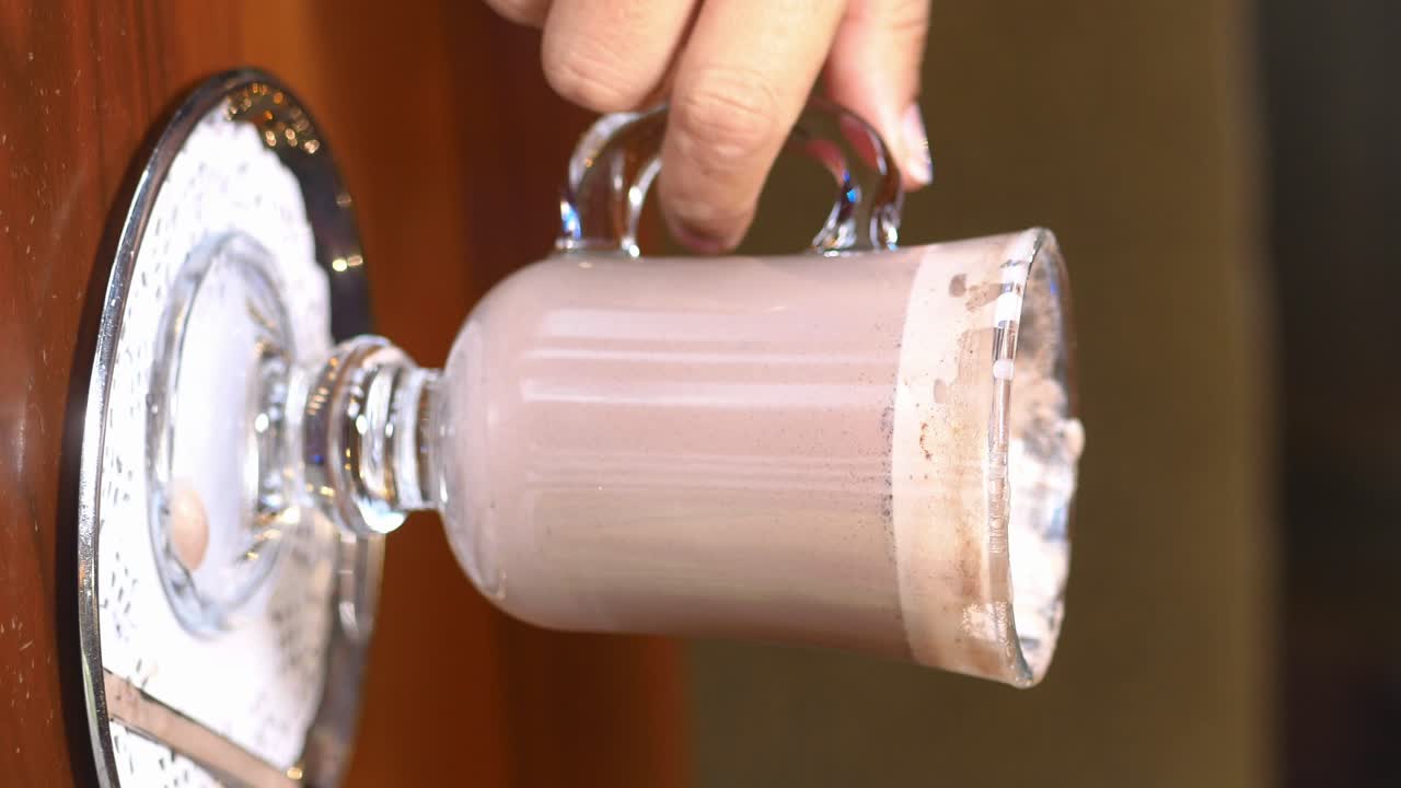 Close-up of a hand holding a glass mug of hot chocolate