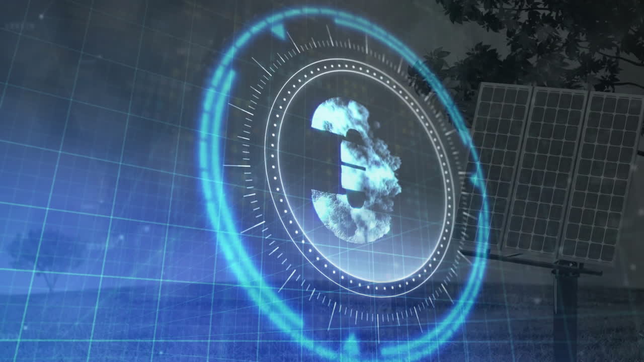 Rotating circular elements in digital animation over solar panel background