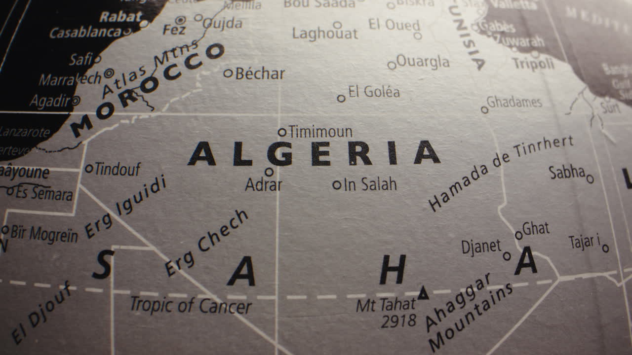 Close-up of a Map of North Africa Centered on Algeria