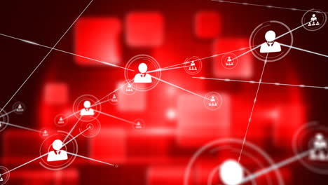 animación de iconos de perfil que se conectan con líneas con cajas brillantes rojas borrosas en el fondo