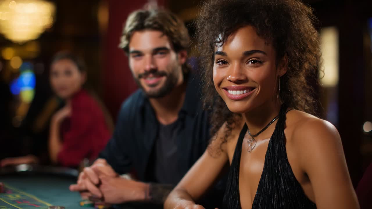 Une nuit palpitante au casino : deux amis sourient à la table de roulette, capturant le frisson du jeu et de l’interaction sociale dans l’atmosphère vibrante d’un établissement de jeu haut de gamme
