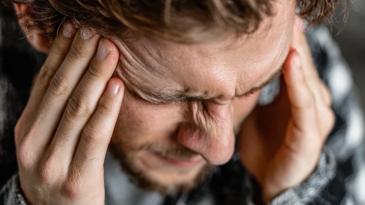 Un uomo prova un forte disagio mentre si tiene la testa, mostrando un momento di frustrazione o angoscia evidente dalle sue espressioni facciali e dal linguaggio del corpo