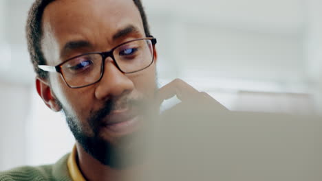 confused, thinking and black man in the office