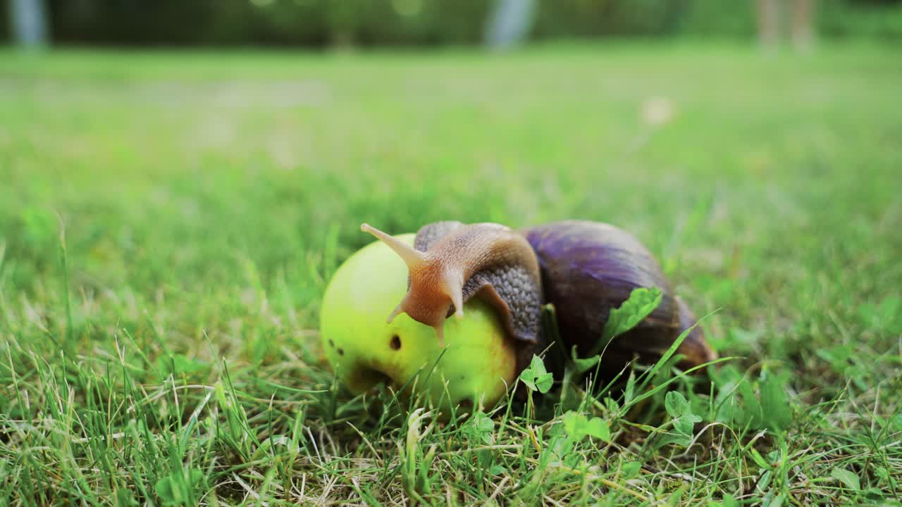 Big brown snail slowly slowly crawls over the apple. Large African snail Achatina Fulica.
