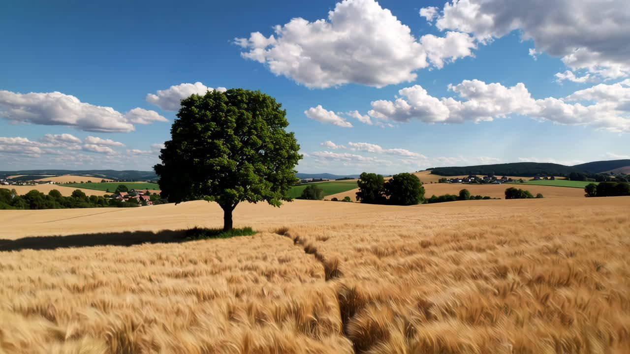 Campo di grano con un unico albero sotto un cielo blu