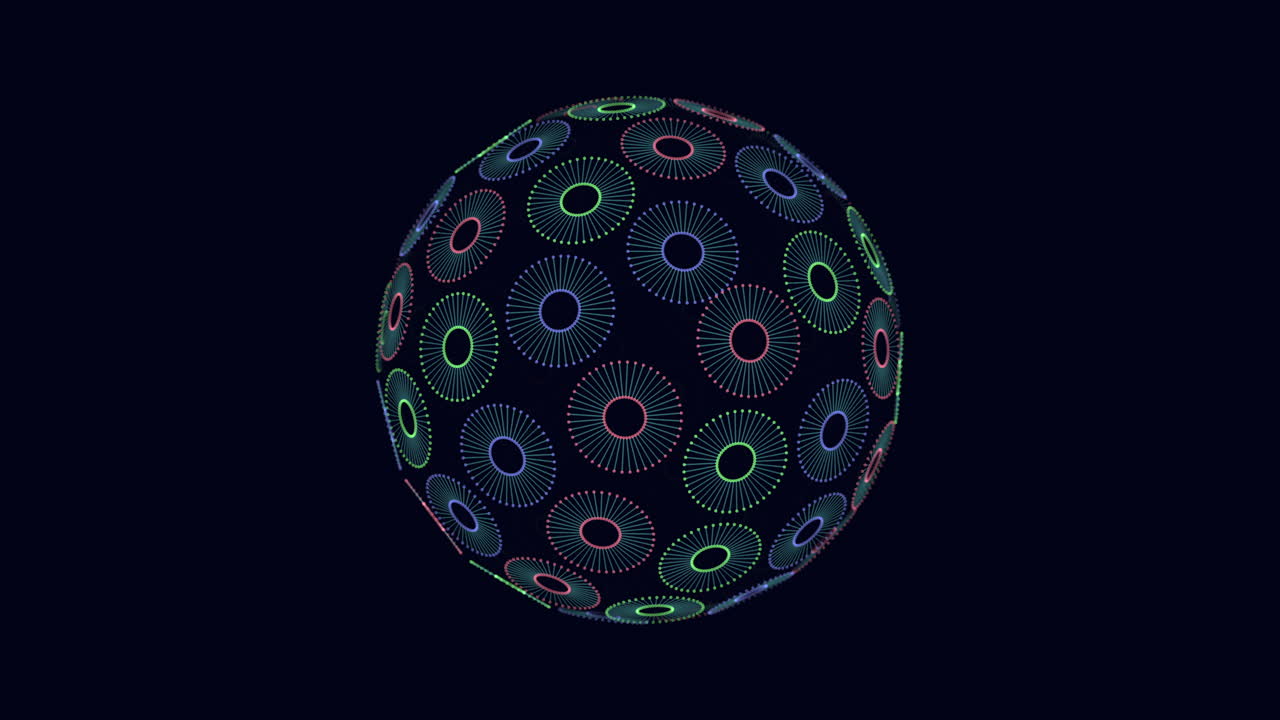 3차원 구에 있는 파란색과 보라색 원의 대칭적인 패턴