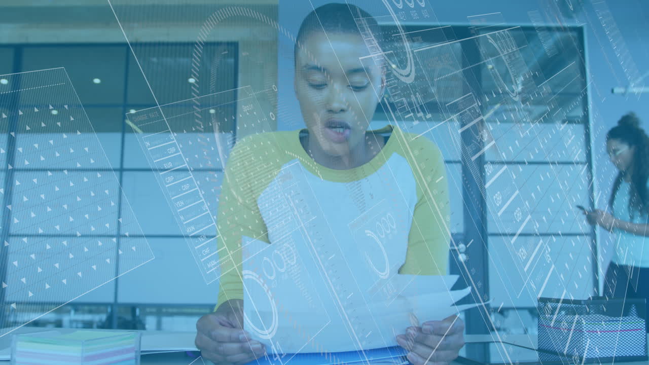 아프리카계 미국인 사업가에 대한 금융 데이터 처리 애니메이션