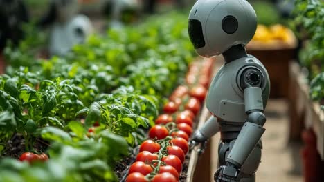 robot tending to tomatoes in a garden