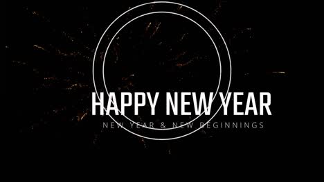 Animation-of-fireworks-and-circles-over-happy-new-year-text-on-black-background