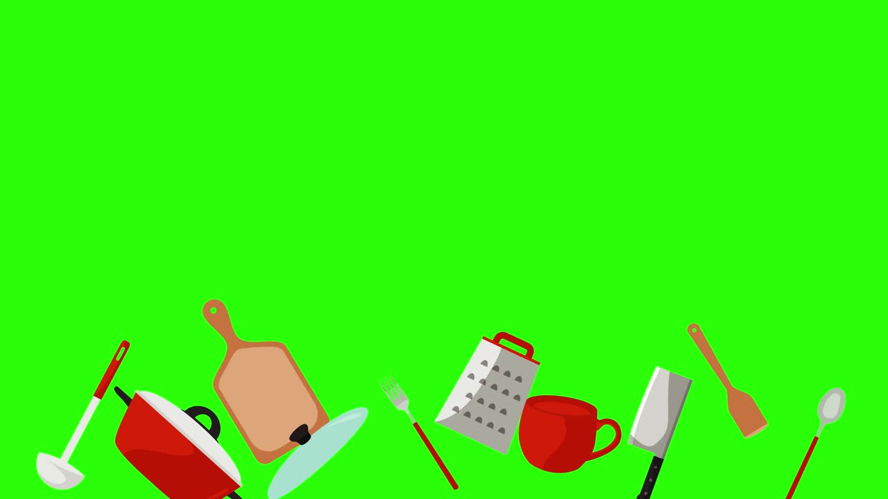 herramientas de cocina, pantalla verde animación de la llave de croma