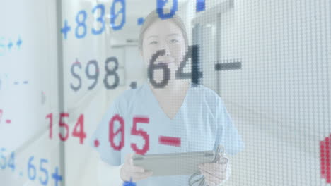 animating medical data and statistics over healthcare professional in hospital corridor