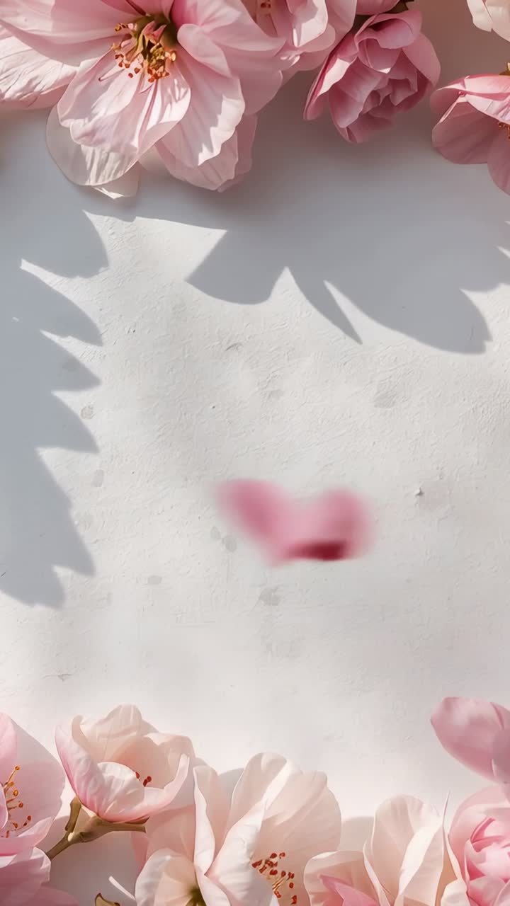 Video verticale: Inquadrando un singolo petalo rosa che fluttua su un foglio bianco, affiancato da fiori rosa pallido
