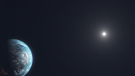 realistic view of earth from space with sun and city night lights