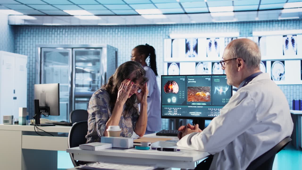 Vertical Video Old woman patient suffers from a painful migraine and asks for advice