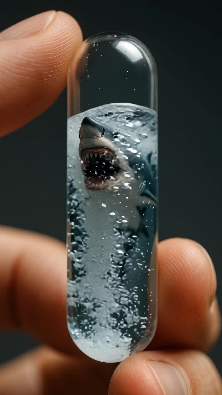 Close-up shot of fingers holding a capsule with a shark inside, creating a surreal, underwater video