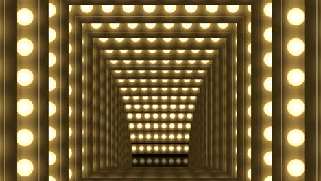 cuadro de caja de bombilla incandescente de túnel forma cuadrada patrón móvil, estilo retro 3d ilustración de estilo virtual brillo en fondo oscuro animación de bucle sin costuras 4k, con espacio de copia