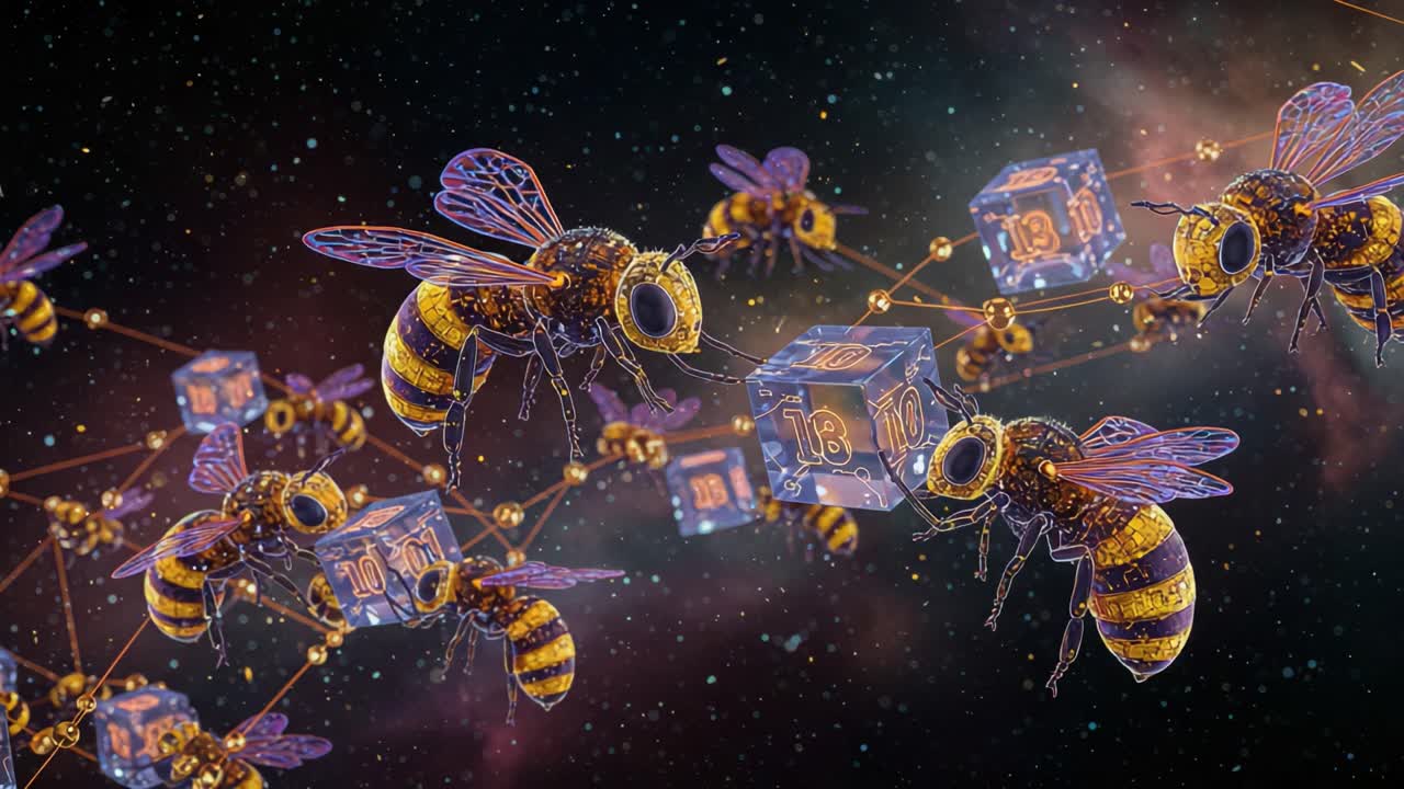 A Fascinating Glimpse into a Futuristic World of Bees and Blockchain: Exploring the Intersection of Nature and Technology in a Vibrant Cosmic Landscape