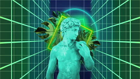 green statue with geometric shapes and grid background, digital art animation