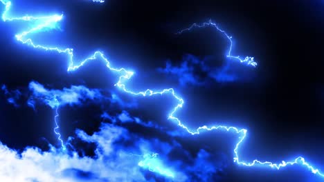 glowing blue lightning bolts of electrical current moving wildly on dark sky background