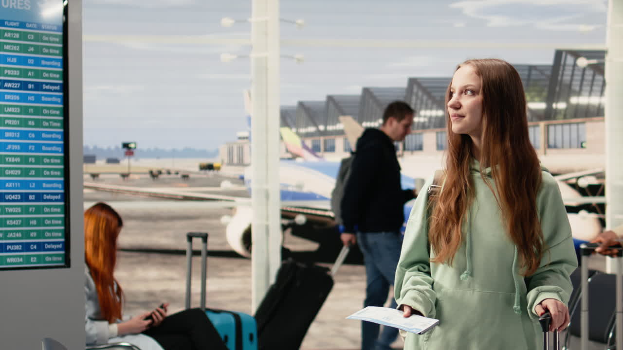 Woman passenger examining boarding pass and passport in airport terminal