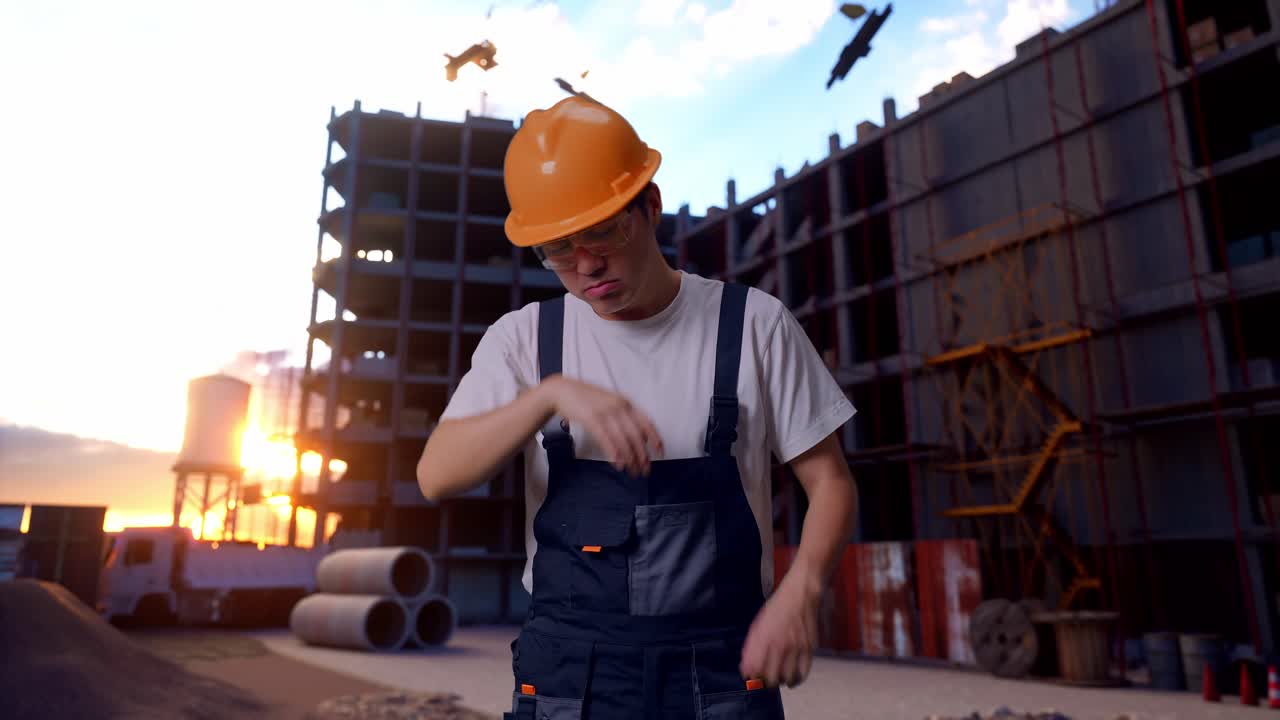 trabajador asiático limpiando el sudor y estando cansado en el sitio de construcción