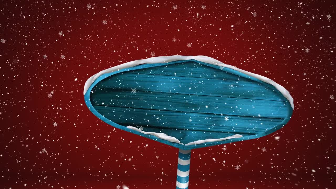 파란색 표지판 위에 눈이 떨어지고 빨간색 배경에 떠 있는 여러 개의 별 아이콘이 있습니다.