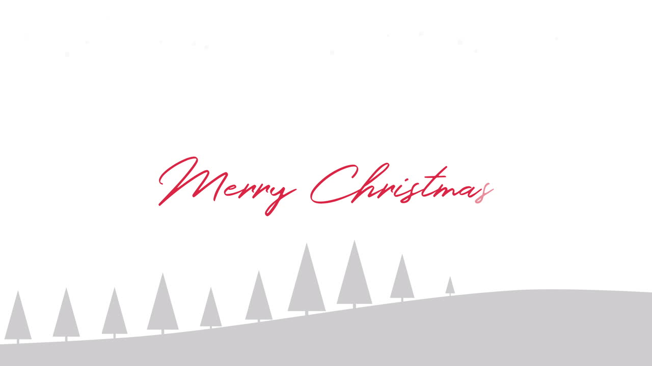 산과 숲이 있는 애니메이션 근접 촬영 메리 크리스마스 텍스트