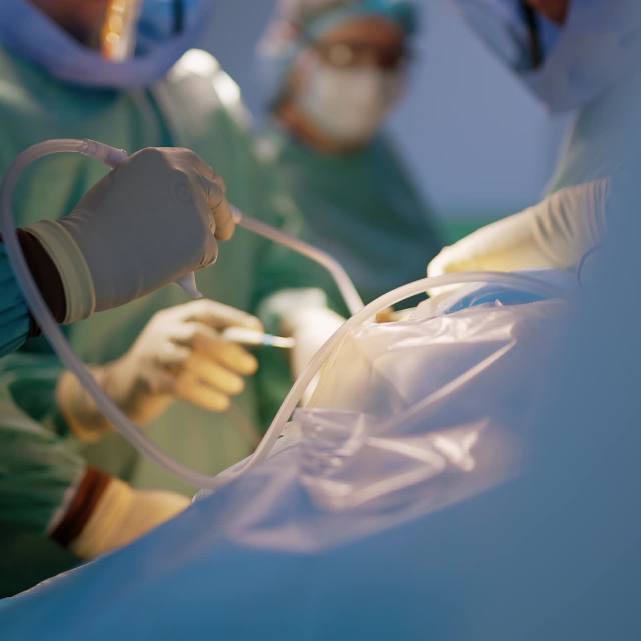 Gloved doctor's hands hold a device with long tube. Team of surgeons work at backdrop in blur