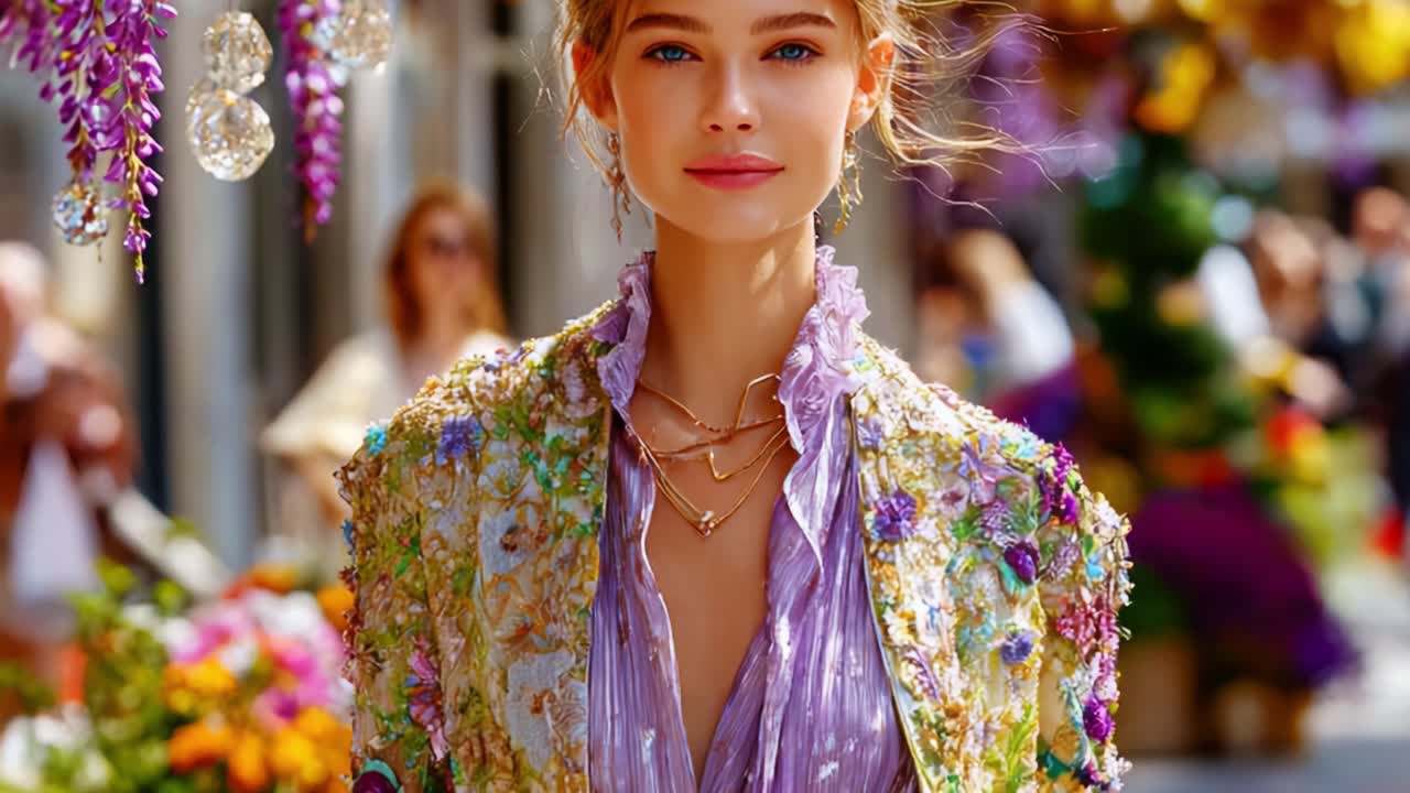 A young woman radiates elegance and charm as she walks through a vibrant floral setting, showcasing intricate fashion details and a captivating expression amidst the colorful backdrop