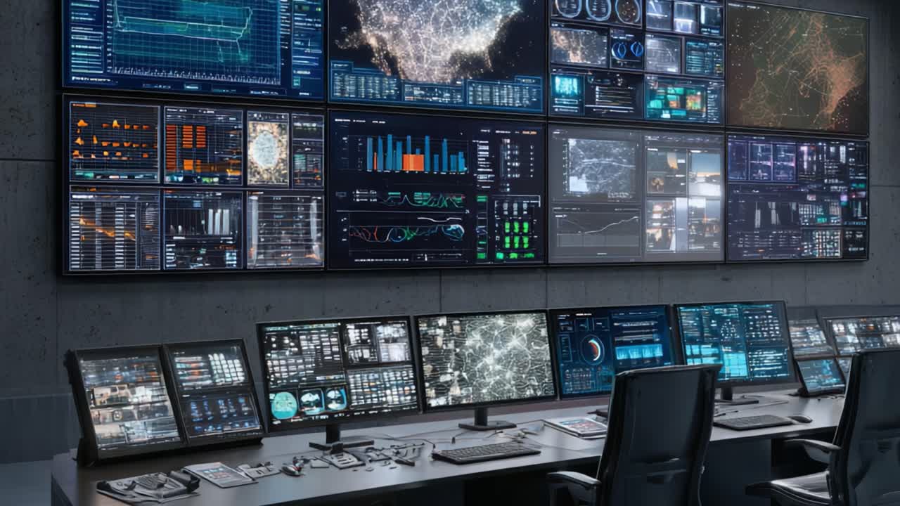 High-Tech Command Center with Advanced Digital Dashboards, Displays, and Data Visualizations Under Dim Ambient Lighting