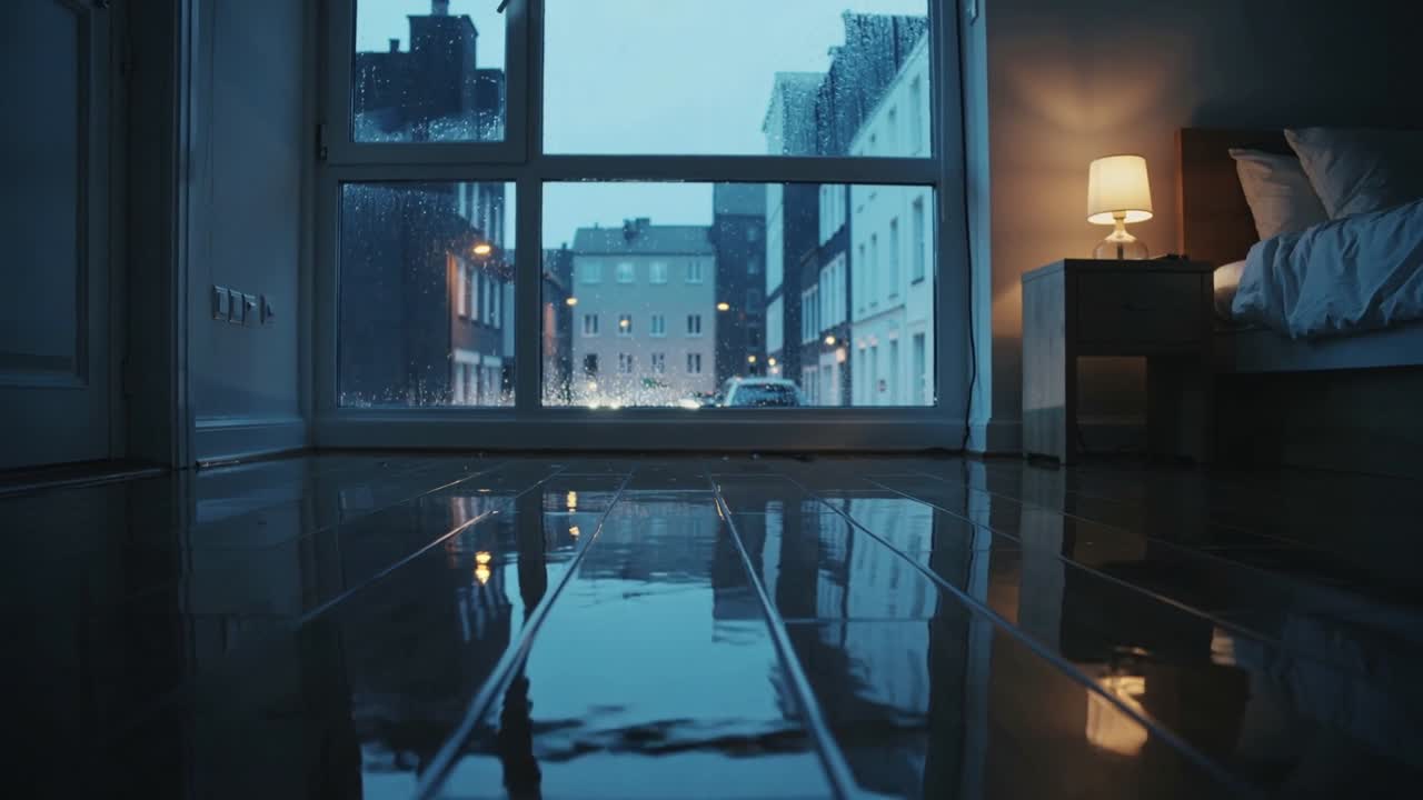 Watching tall window reflecting passing lights from traffic on shiny floor in bedroom, lamp glowing