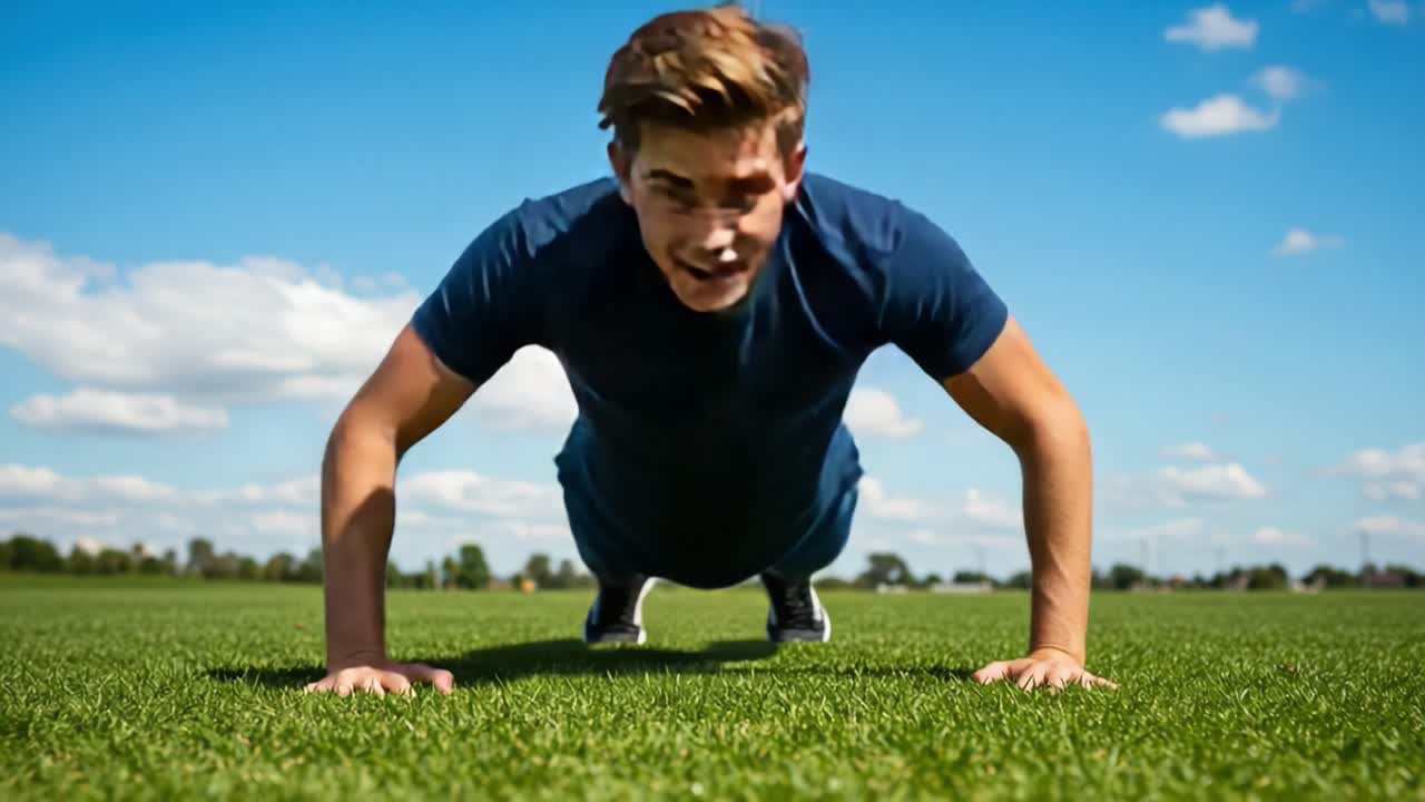 A determined individual performing push-ups on a lush green field under a bright blue sky, showcasing strength and dedication to fitness and physical health