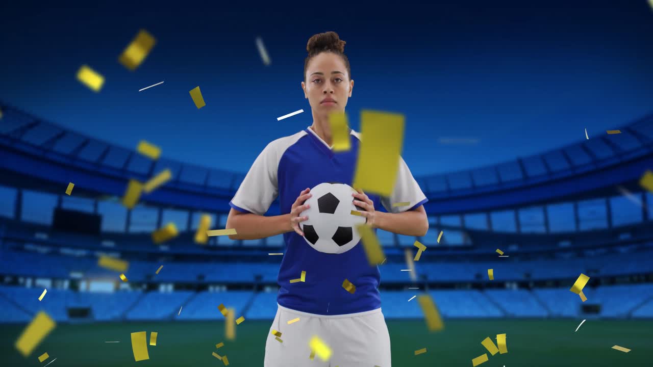 Animazione di giocatrice di calcio meticcia su sfondo di uno stadio