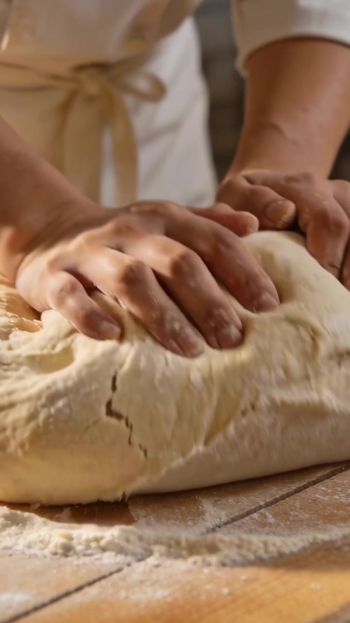 Vertical video: Pressing and folding, baker in apron preparing dough for baking on floured counter